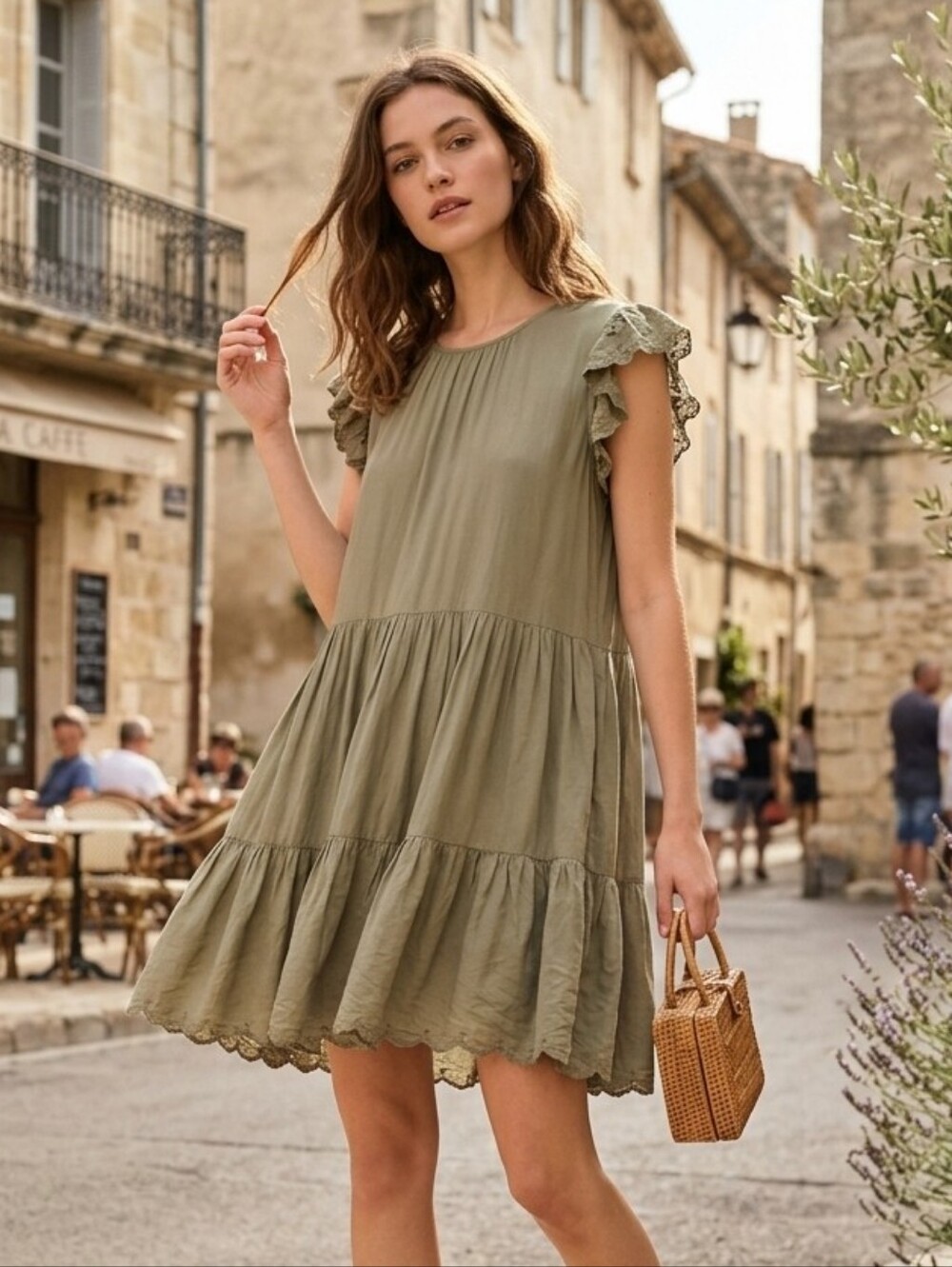 Wilfred Aritzia Women's Babydoll Sage Green Sidonie Tiered Mini Dress Size Small